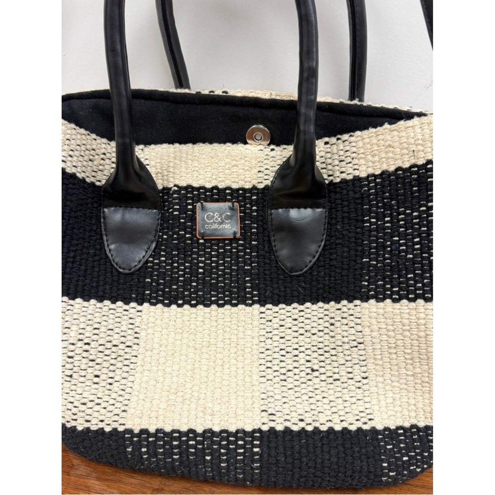 C&C California Black and Cream Striped Woven Tote with Adjustable Shoulder Strap - Picture 5 of 11